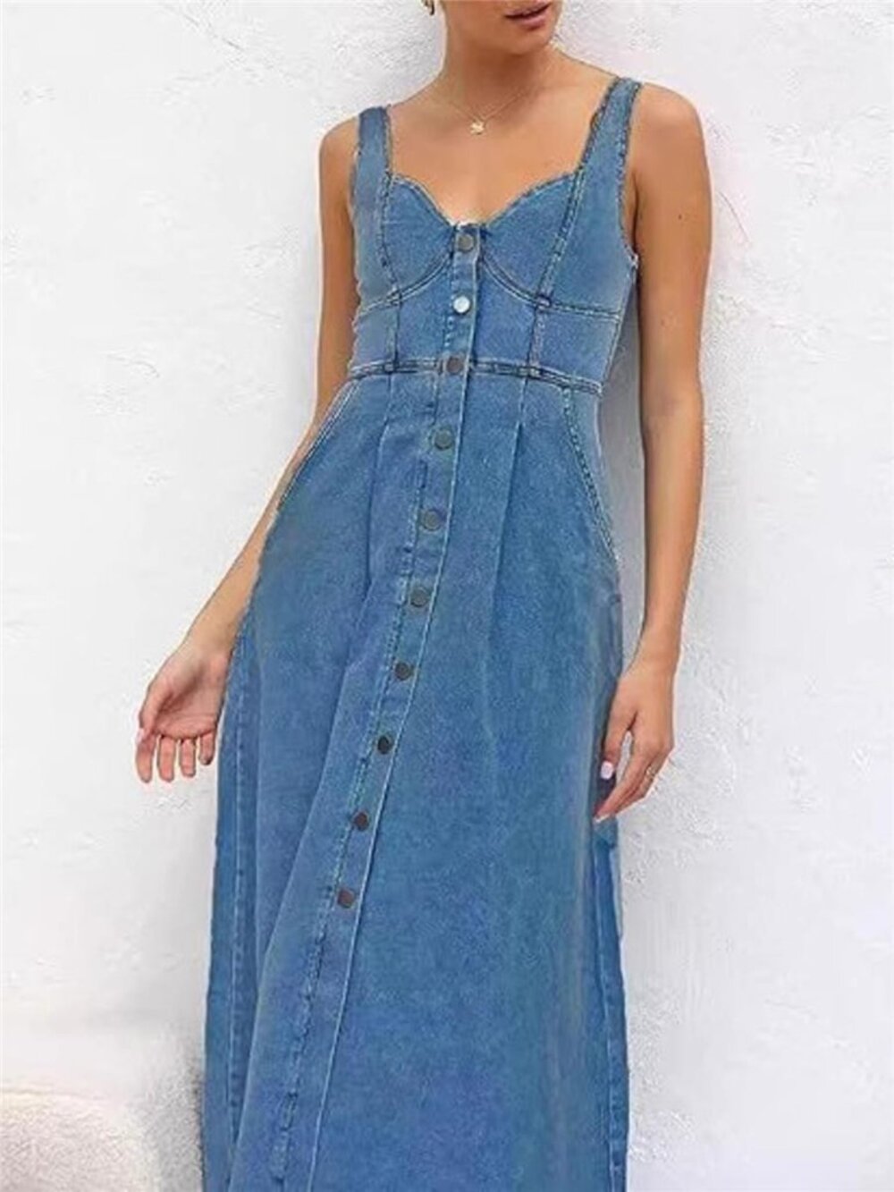 Smocked Back Button Front Denim Midi Dress